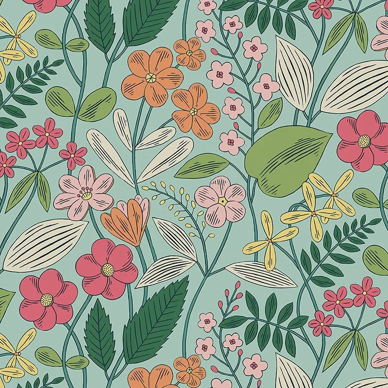 Nancy Wolff Pastel Teal Floral Leaf Pattern