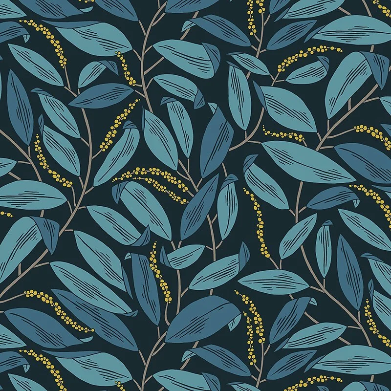 Nancy Wolff Dark Blue Leaf Dots Branch Pattern