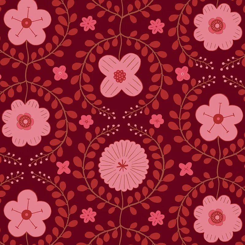 Nancy Wolff Floral pattern with pink flowers and red leaves on dark background