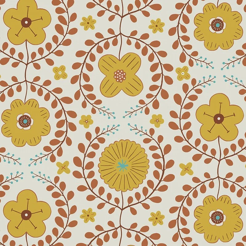 Nancy Wolff Yellow and brown floral pattern with leafy branches on beige back