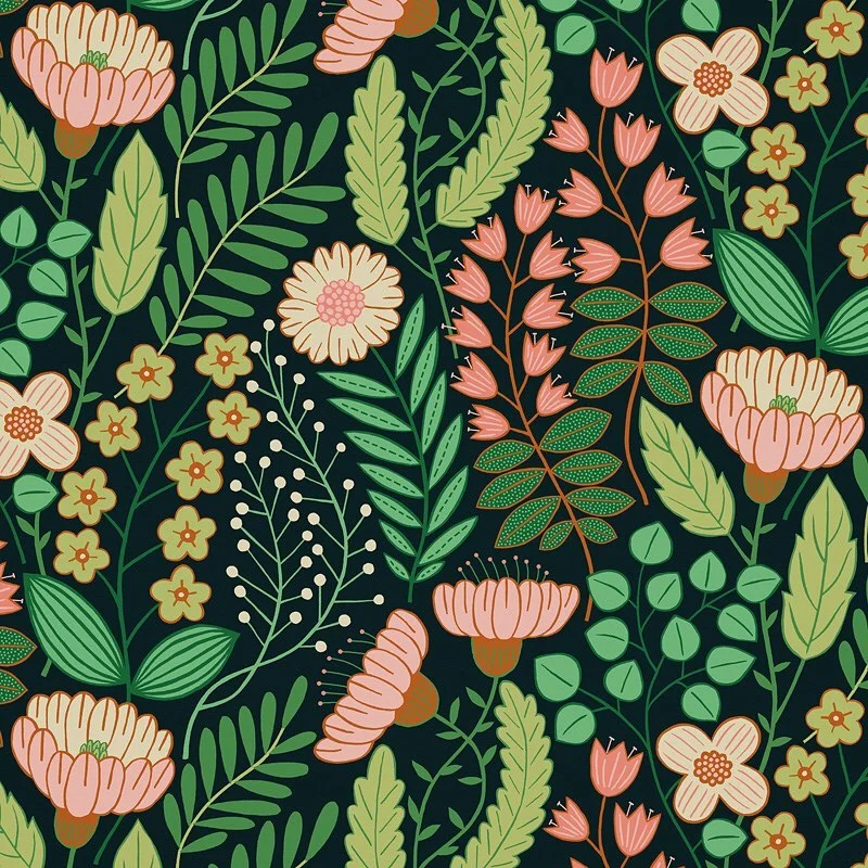 Nancy Wolff Floral pattern with pink flowers and green leaves on dark background