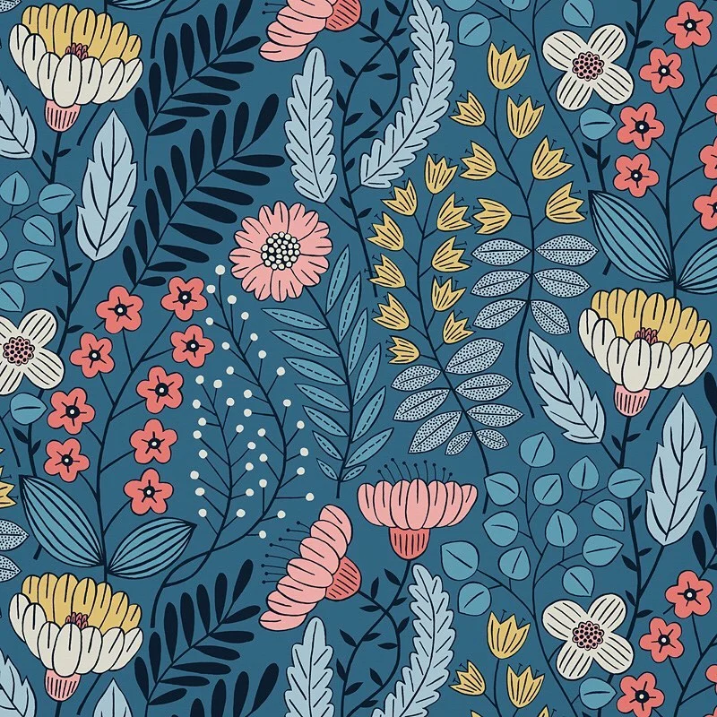 Nancy Wolff Floral pattern with blue background and pink, yellow, and white f