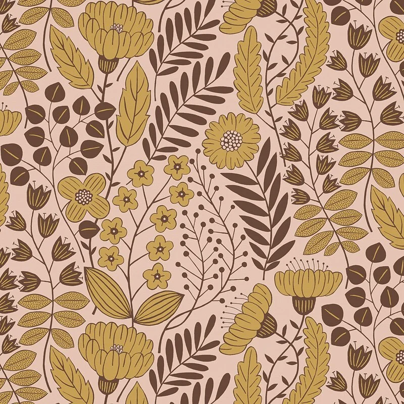 Nancy Wolff Yellow and brown floral pattern on pink background