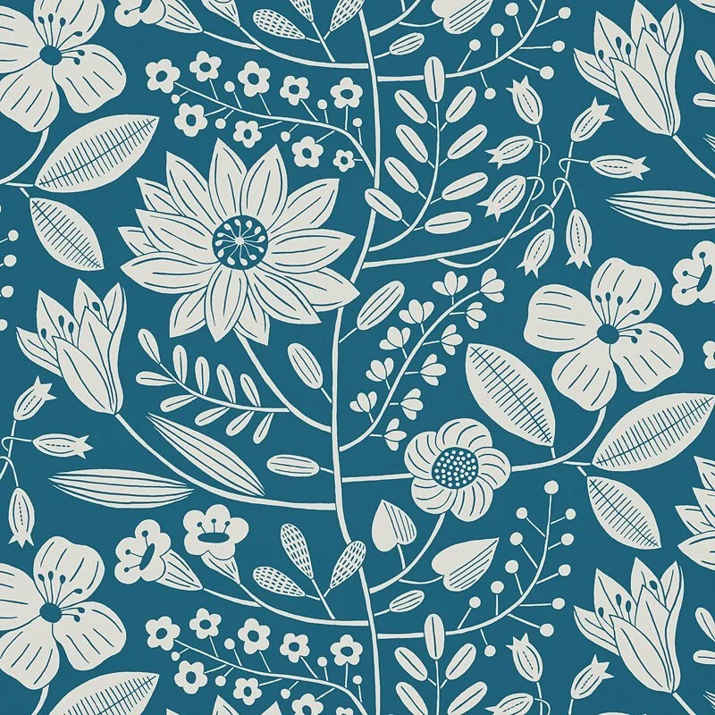 Nancy Wolff Teal background with white floral and leaf patterns