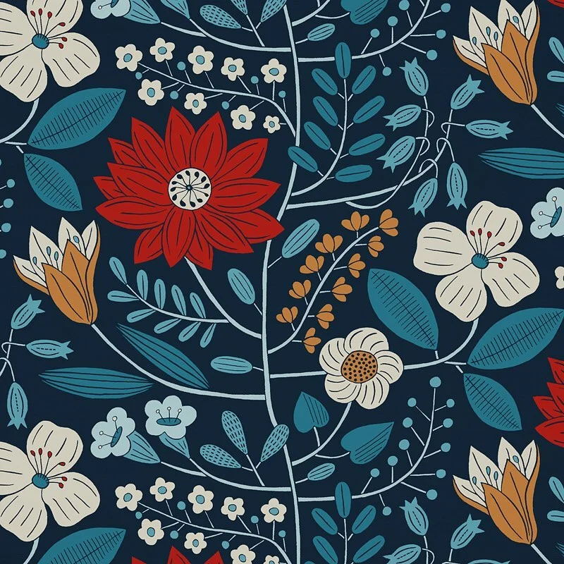 Nancy Wolff Navy background with stylized floral motifs in red, white, and blue