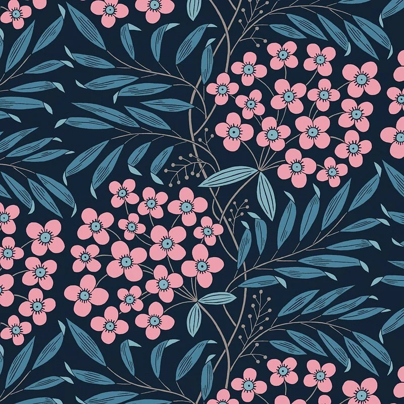 Nancy Wolff Dark blue background with pink flowers and teal leaves