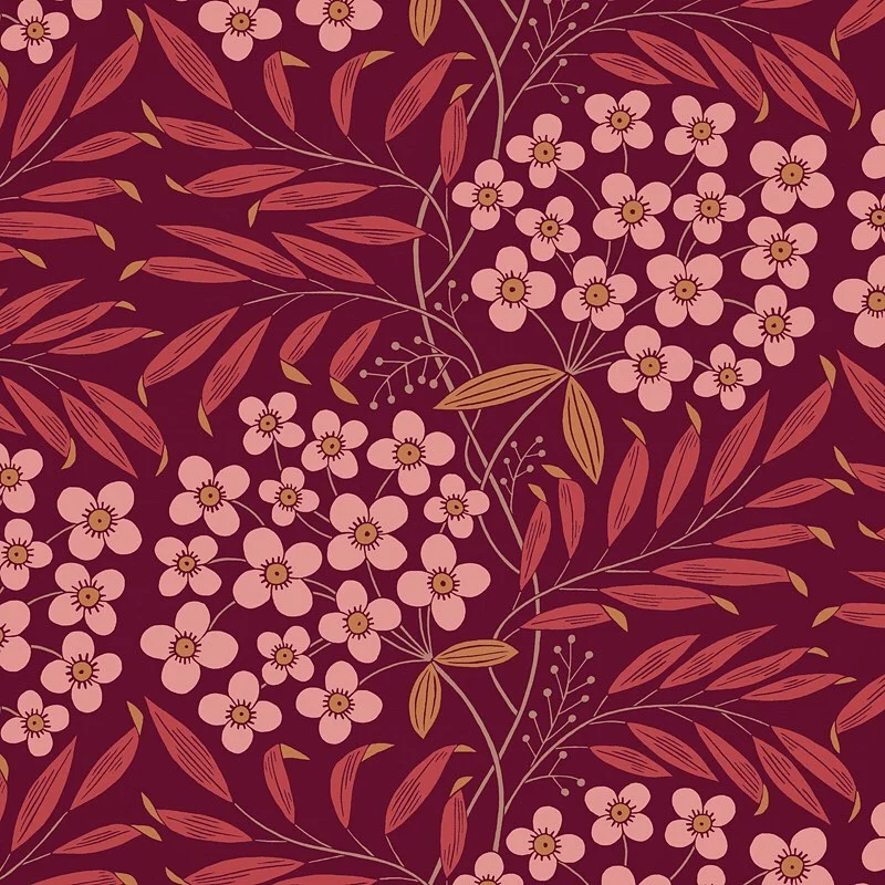 Nancy Wolff Floral pattern with pink flowers and red leaves on dark background