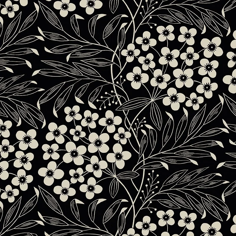 Nancy Wolff Black background with white floral and leaf patterns
