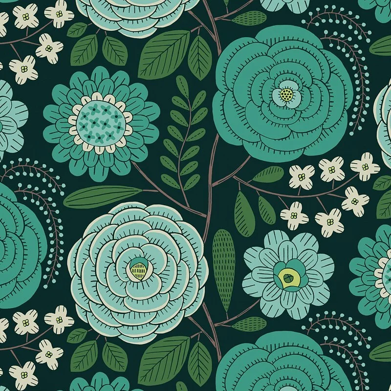 Nancy Wolff Teal Green Floral Leaf Pattern