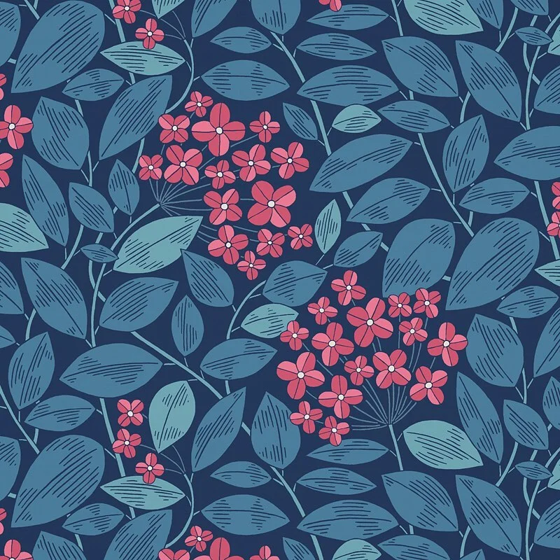 Nancy Wolff Blue Pink Leaf Floral Pattern