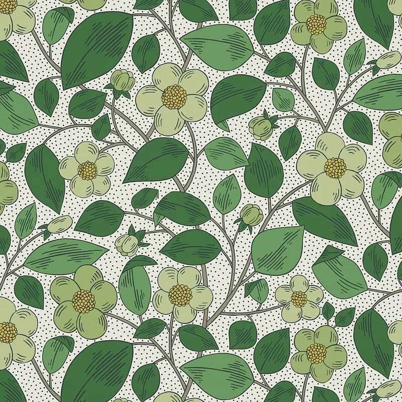 Nancy Wolff Green White Leaf Floral Dots Pattern