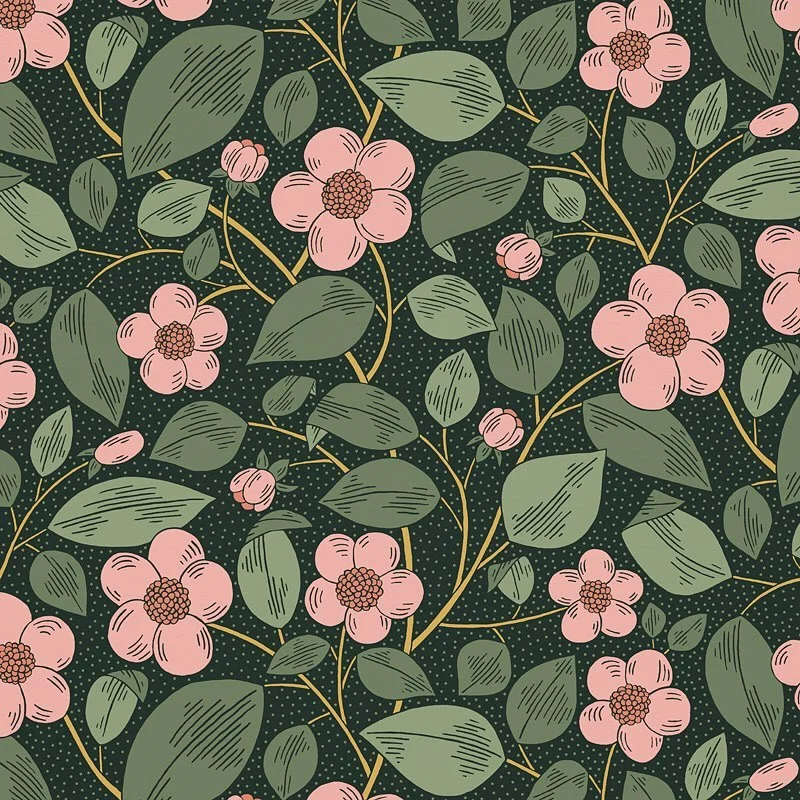 Nancy Wolff Green leaves and pink flowers on dark background with yellow stems