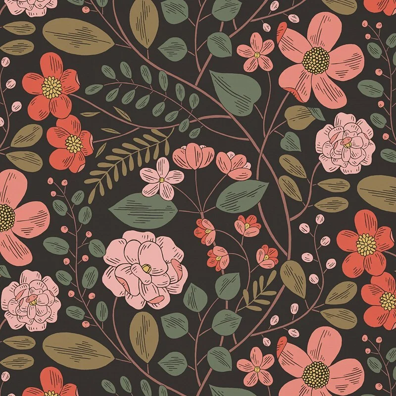 Nancy Wolff Floral pattern with pink and red flowers on dark background