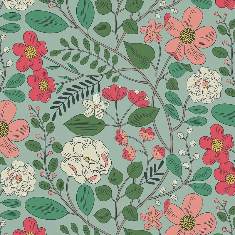 Nancy Wolff Green background with pink and white flowers, green leaves, and r