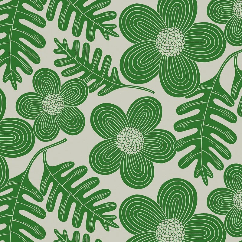Nancy Wolff Green floral and leaf patterns on a light background