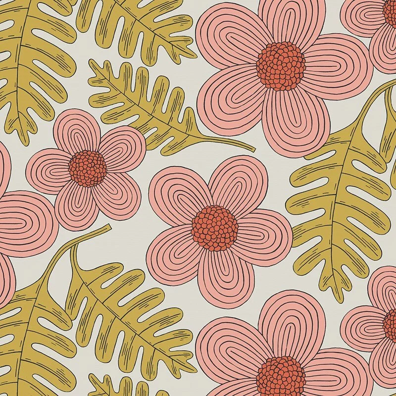 Nancy Wolff Floral pattern with pink flowers and yellow leaves on beige backg