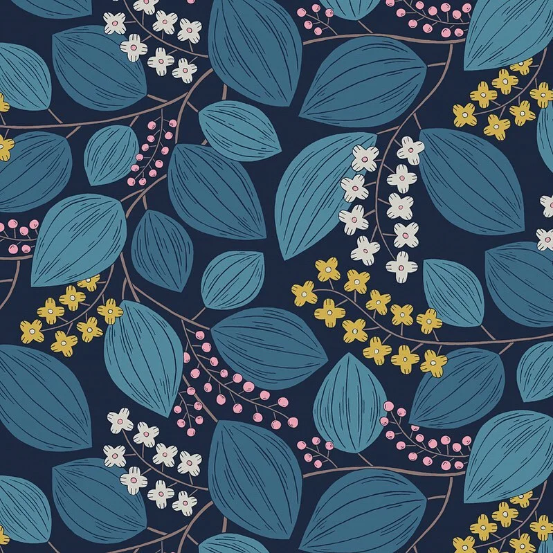 Nancy Wolff Blue leaves, white and yellow flowers, pink berries on dark backg