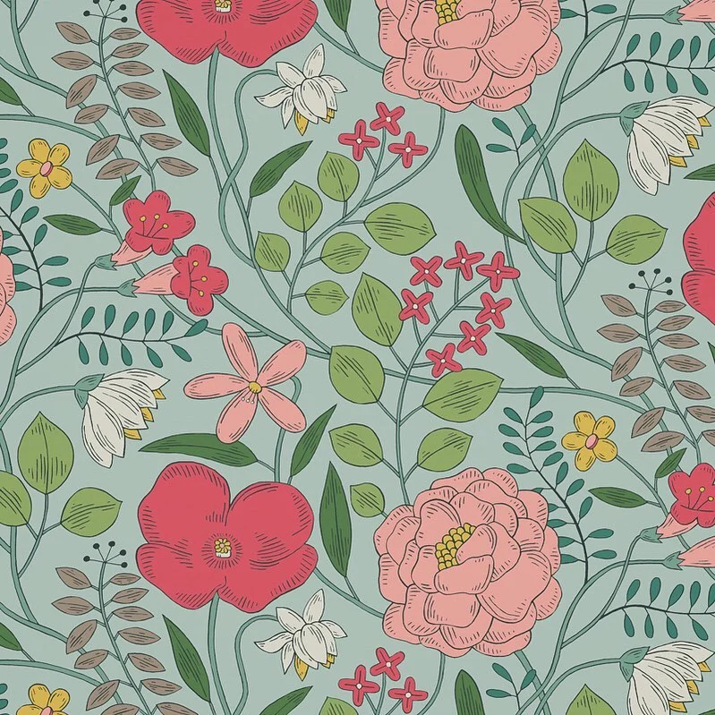Nancy Wolff Pastel colors, stylized flowers and leaves on teal background