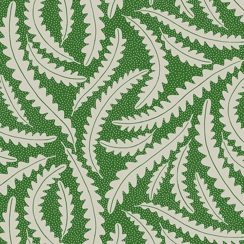 Nancy Wolff Green background with white leaf patterns and small dots