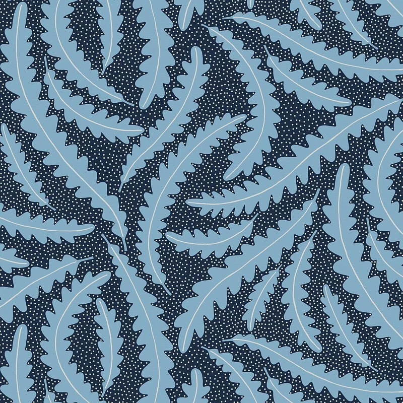 Nancy Wolff Blue leaves on dark blue background with white dots