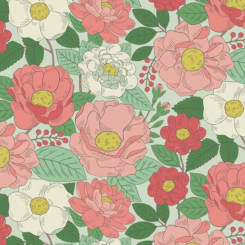 Nancy Wolff Pastel-colored flowers and green leaves on light green background