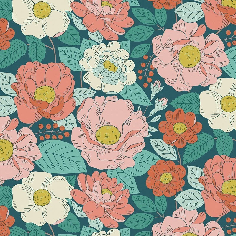 Nancy Wolff Floral pattern with pink, white, and orange flowers on teal backg