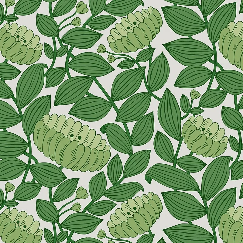 Nancy Wolff Green leaves and flowers on a light background