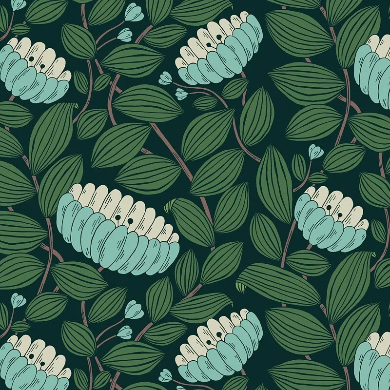 Nancy Wolff Green leaves and blue flowers on dark background