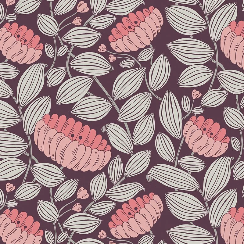 Nancy Wolff Pink flowers and green leaves on dark background