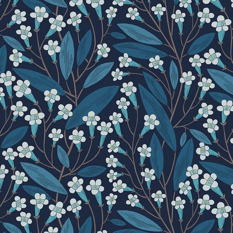Nancy Wolff Dark blue background with white flowers and teal leaves on brown