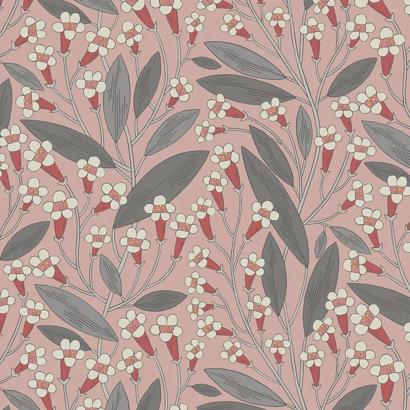 Nancy Wolff Floral pattern with red flowers and gray leaves on pink background