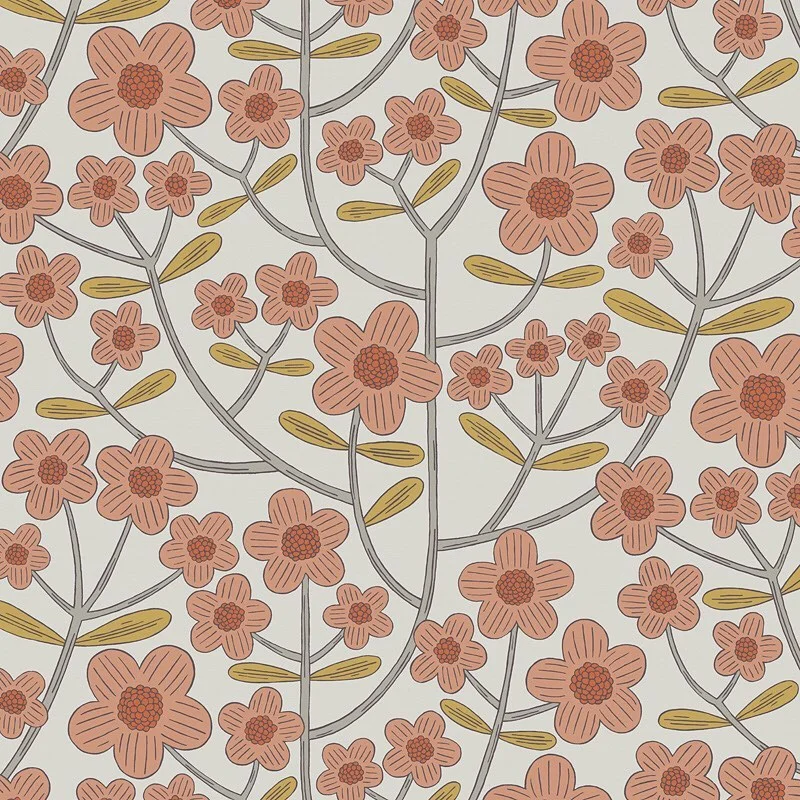 Nancy Wolff Floral pattern with peach flowers and yellow leaves on gray backg