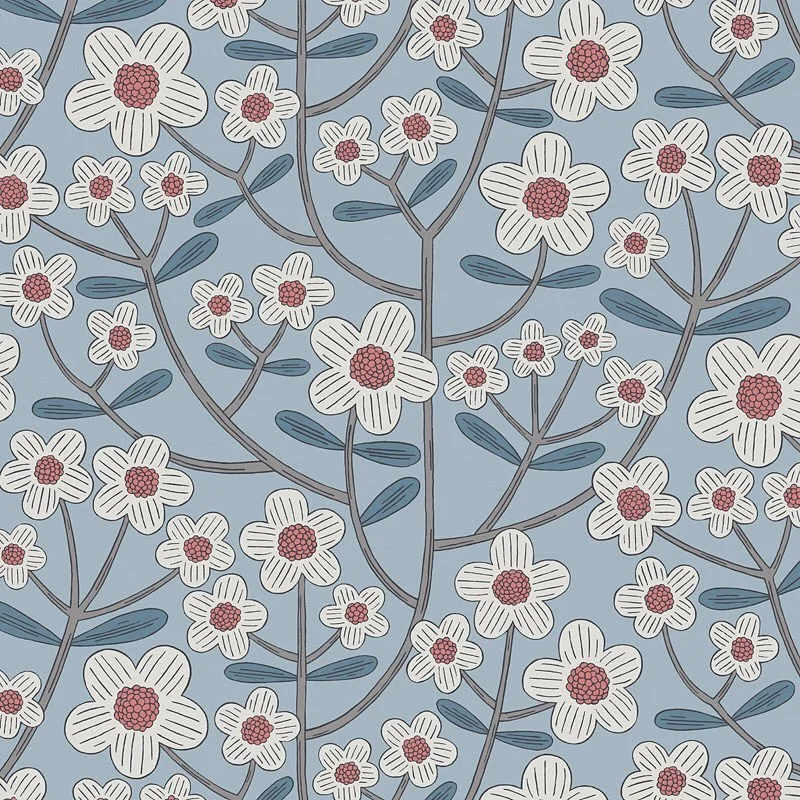 Nancy Wolff White flowers with red centers on blue background, gray stems and