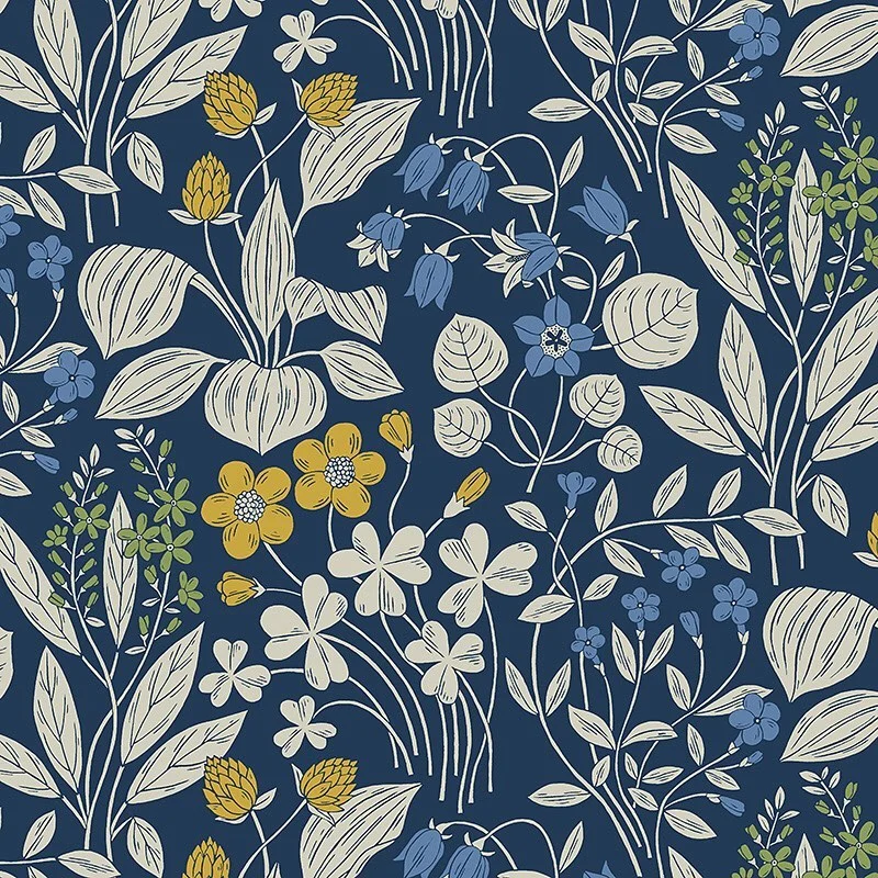 Nancy Wolff Navy blue background with white and yellow floral motifs