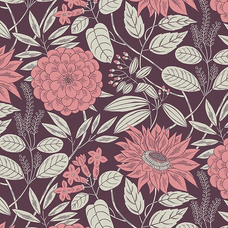 Nancy Wolff Floral pattern with pink flowers and green leaves on dark background