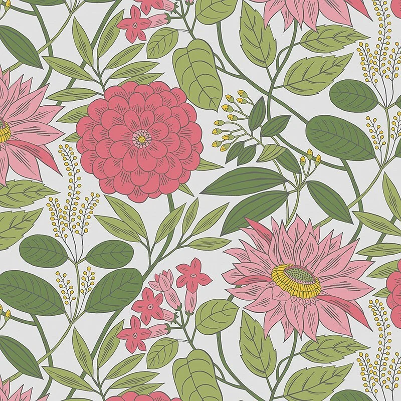 Nancy Wolff Pink and green floral pattern with large flowers and leaves on a