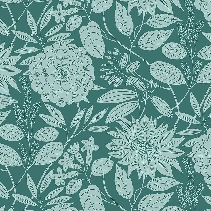 Nancy Wolff Teal background with white floral and leaf motifs
