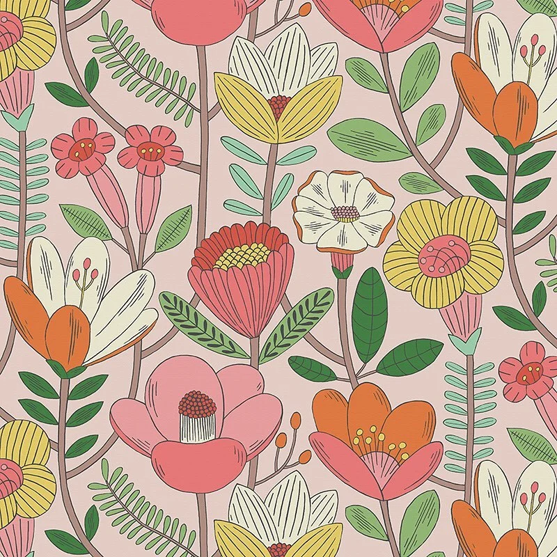 Nancy Wolff Pastel colors, stylized flowers and leaves in a floral pattern