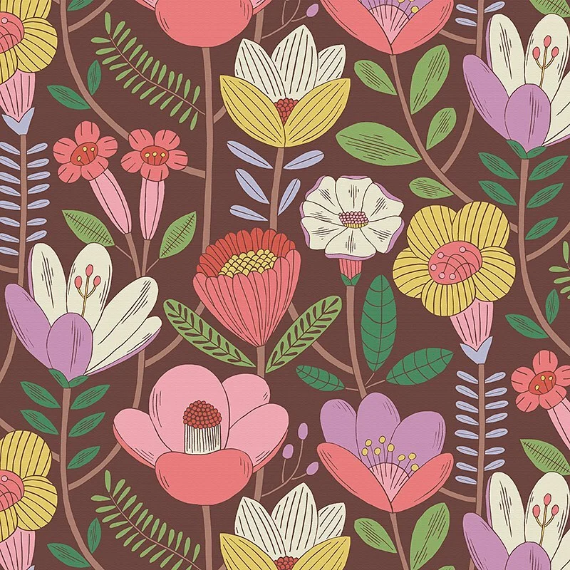 Nancy Wolff Floral pattern with vibrant colors and diverse shapes on dark bro