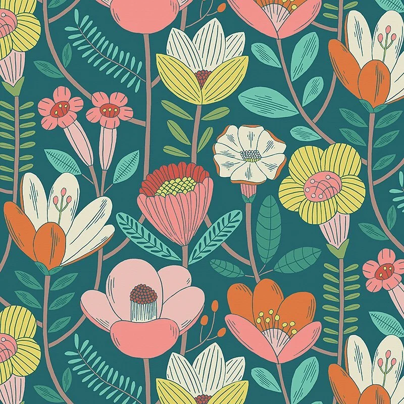 Nancy Wolff Floral pattern with pink, orange, yellow flowers on teal background