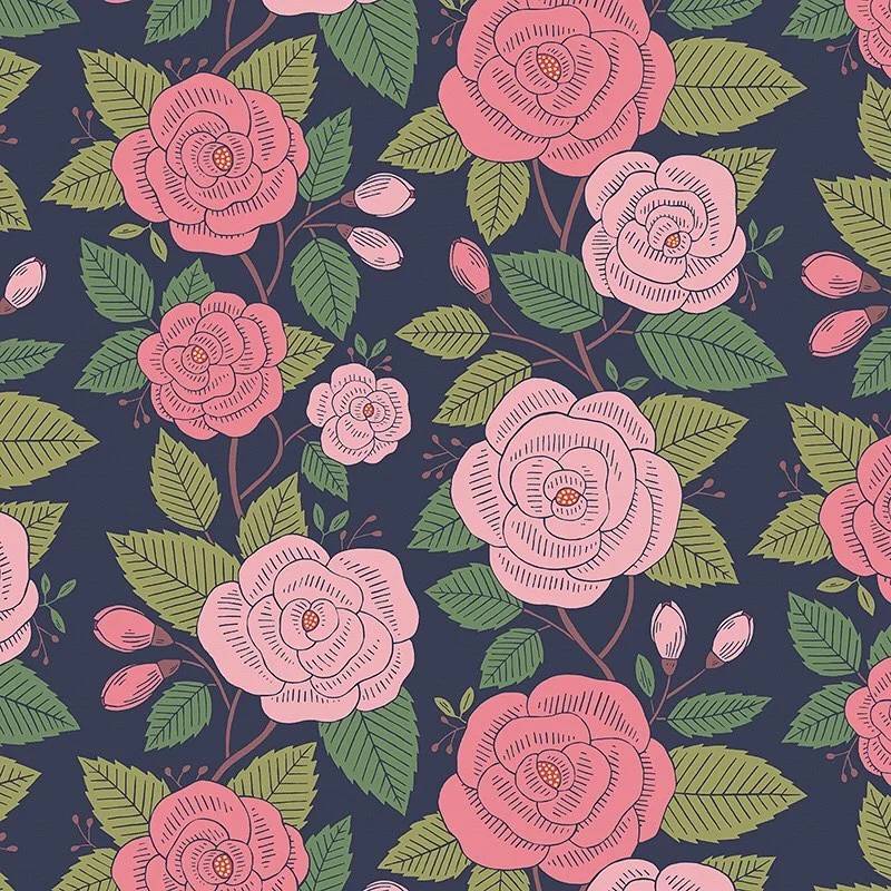 Nancy Wolff Pink roses and green leaves on dark background