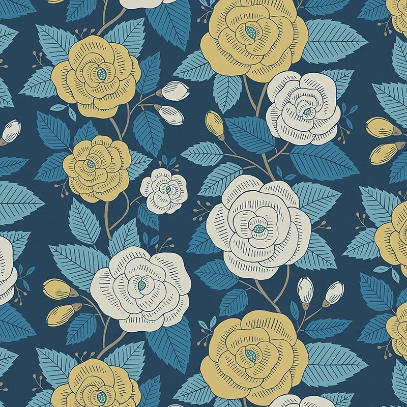 Nancy Wolff Yellow and white flowers on blue background with leaves