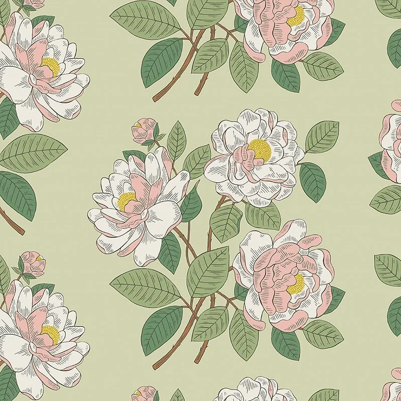 Nancy Wolff Green background with white and pink flowers, green leaves, and b