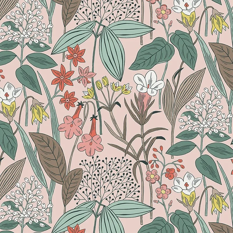 Nancy Wolff Pastel colors, diverse floral shapes, and leaves on a soft pink b