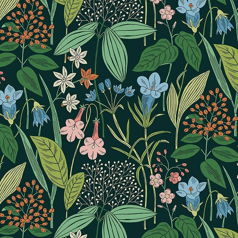 Nancy Wolff Green leaves and flowers in blue, pink, orange on dark green back