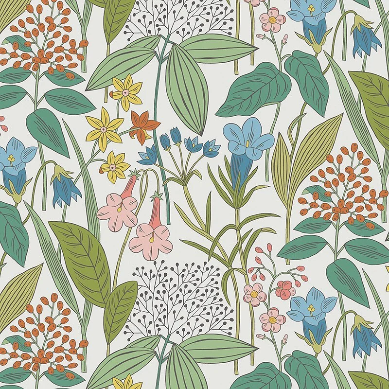 Nancy Wolff Green leaves and colorful flowers in a floral pattern