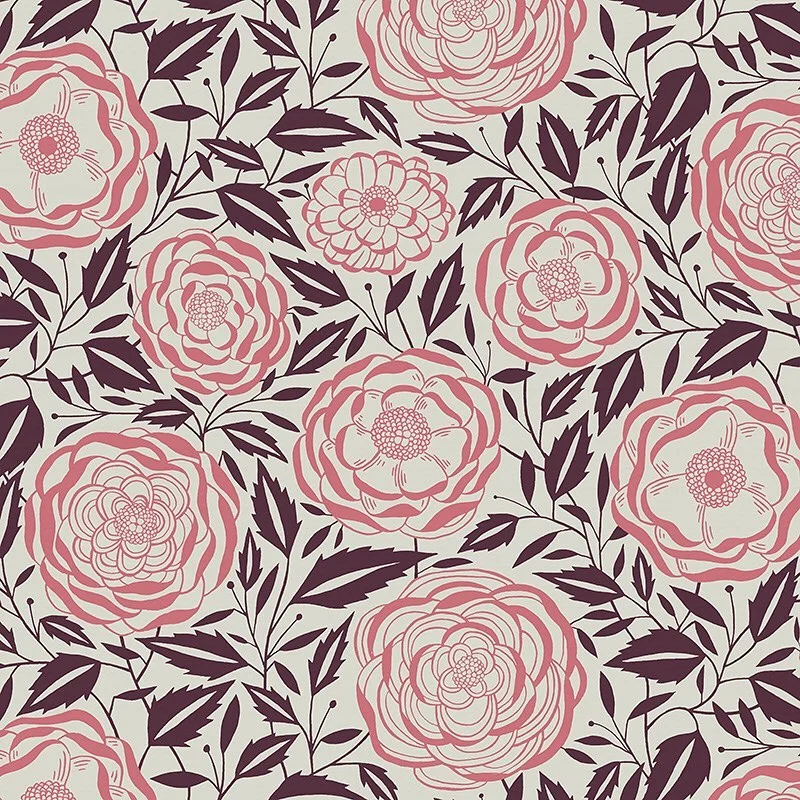 Nancy Wolff Pink and purple floral pattern on beige background