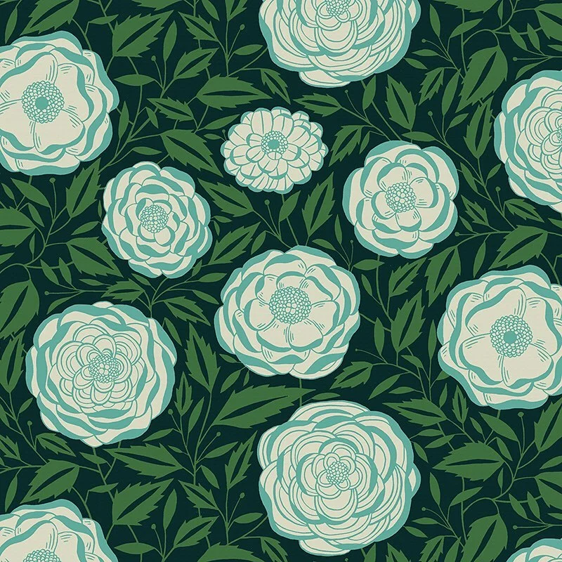 Nancy Wolff Green and white floral pattern on dark background