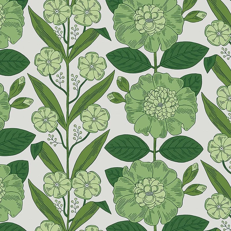 Nancy Wolff Green floral pattern with leaves and flowers on a light background
