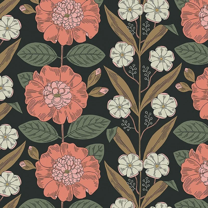 Nancy Wolff Floral pattern with pink flowers, green leaves, and white blossom